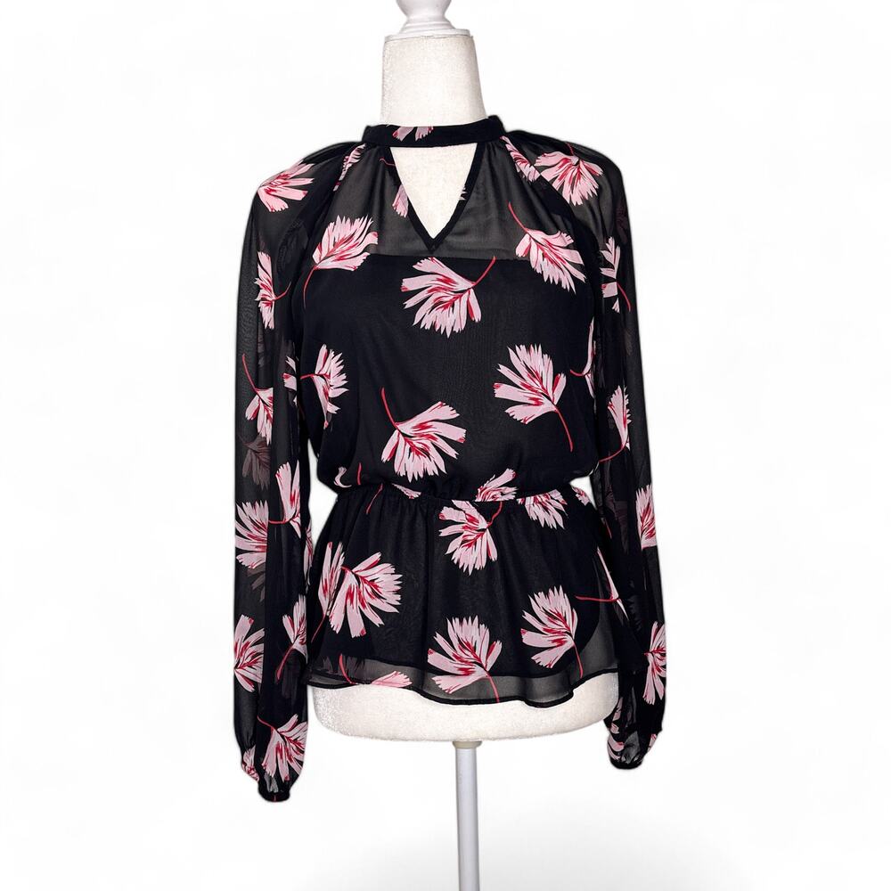 Express Long Sleeve Sheer Floral Pattern Peplum Blouse Black Pink Small